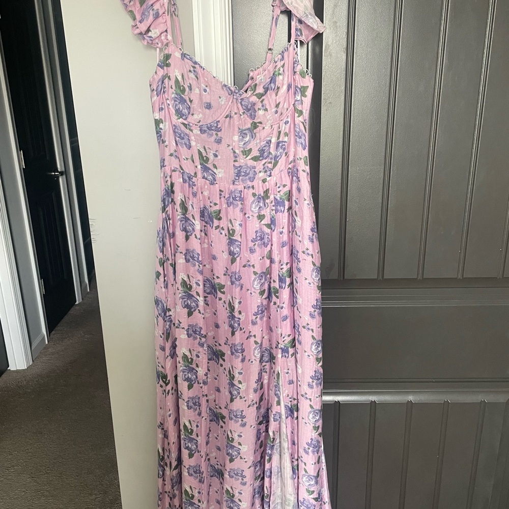 ASTR WEDELIA FLORAL BUSTIER RUFFLE MIDI DRESS
